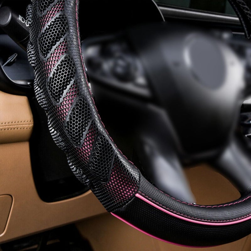 Flying Banner car Steering Wheel Cover Faux Leather Massage Universal fit 3D Honeycomb Hole Anti-Slip Sporty 15 Inches (Pink Black) - Image 2